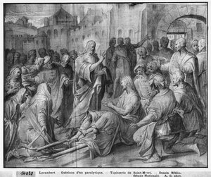 Kristuksen elämä, Jeesus parantaa halvaantuneen Kapernaumissa, kuvakudossarjakuvan valmistelututkimus Saint-Merrin kirkolle Pariisissa, n. 1585-1590 (pierre noire, pesu ja valkoiset kohokohdat paperilla)